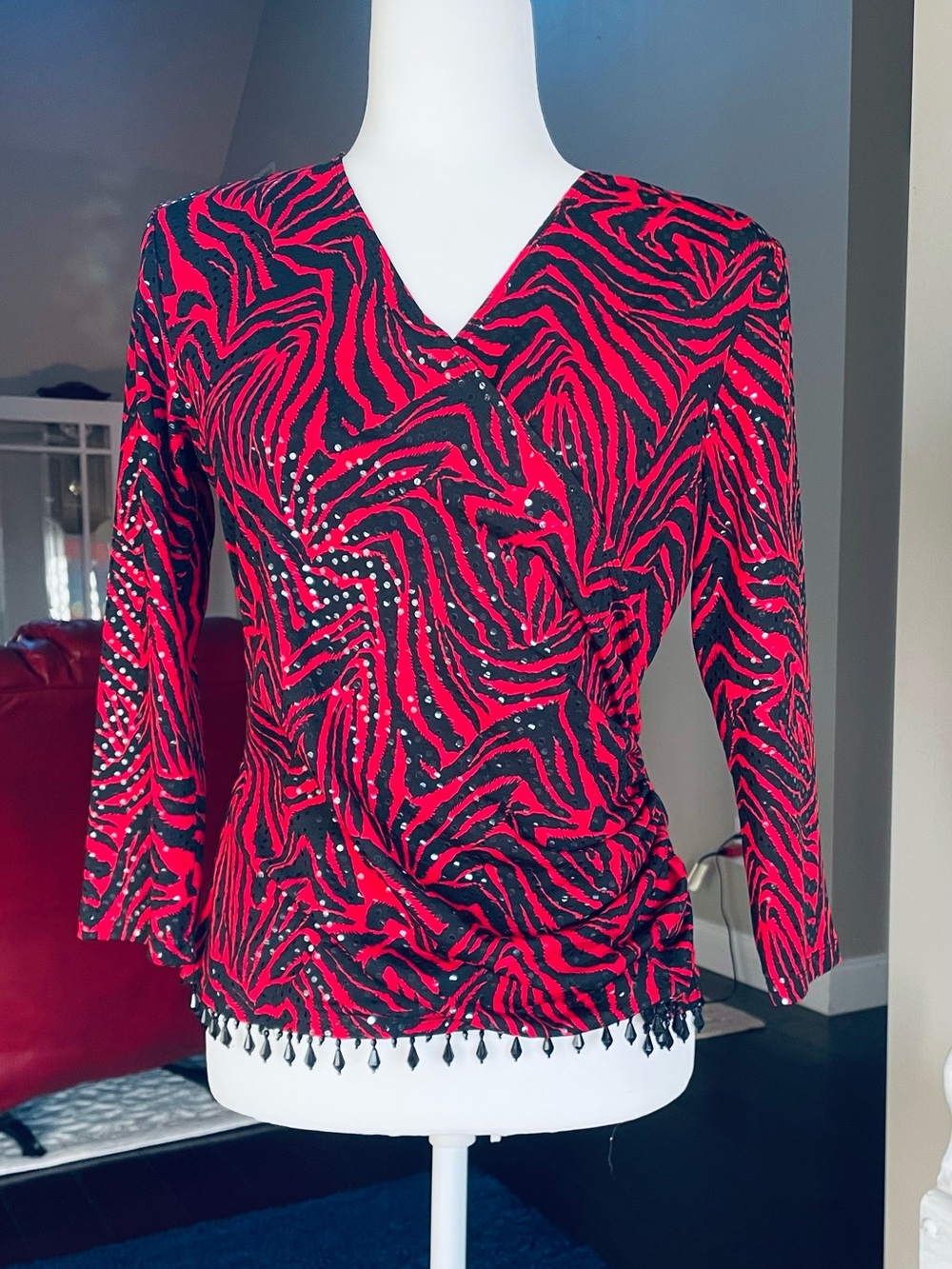 MSK Red and Black V-Neck Zebra-Print Blouse with Rhinestones